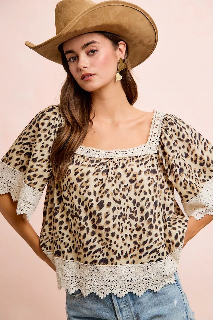 Leopard print square neck top with crochet lace trim