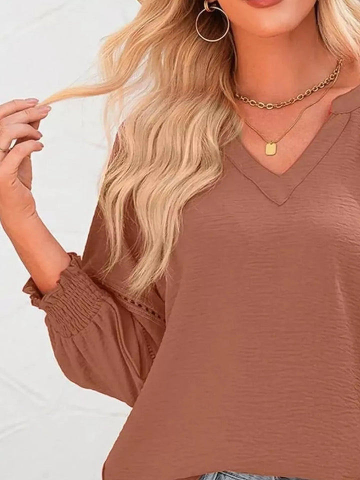 Openwork lace trim blouse with smocked cuffs and split neck