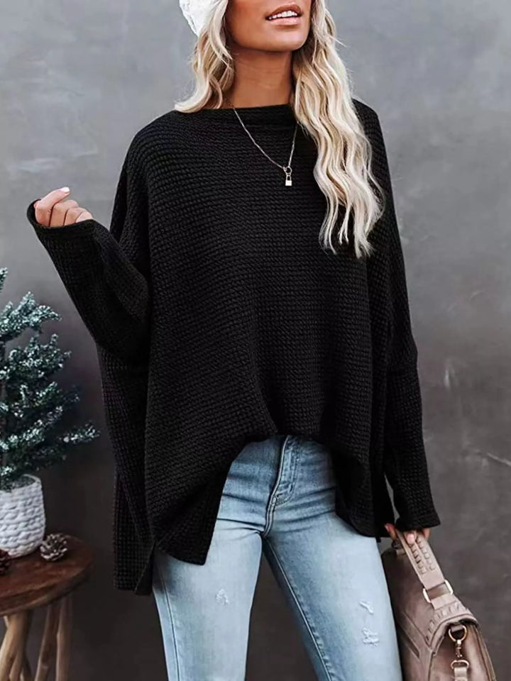 Oversized waffle-knit boat neck long sleeve top