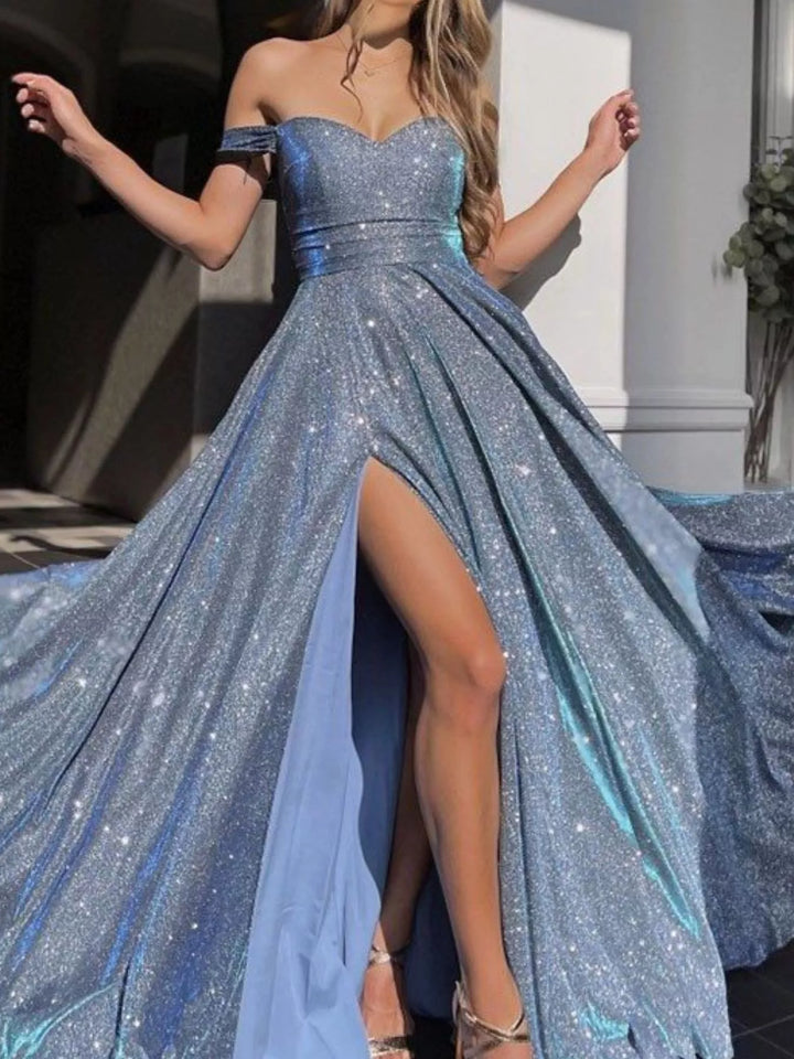 Glitter off-shoulder A-line maxi dress with high slit