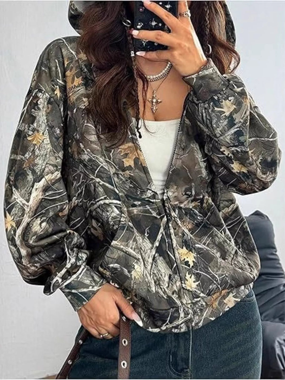 Army Green Forest camo print zip-up hoodie with side pockets