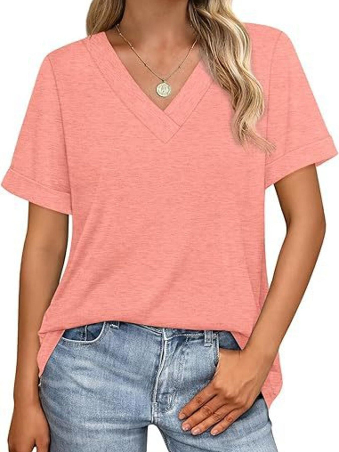 Relaxed V-neck short sleeve tee with rolled cuffs