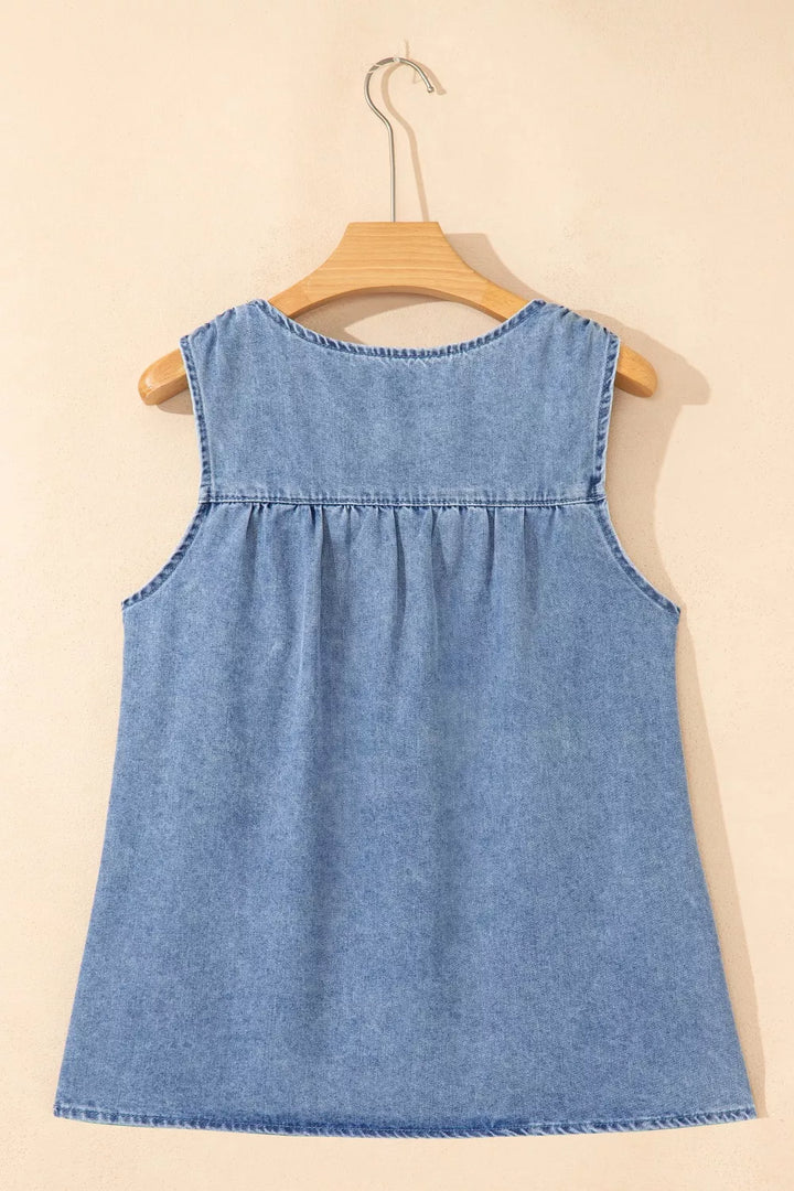 Pleated patchwork sleeveless denim swing top
