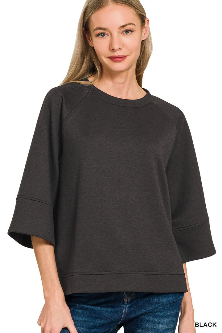 BLACK Scuba knit bell sleeve pullover with crew neck