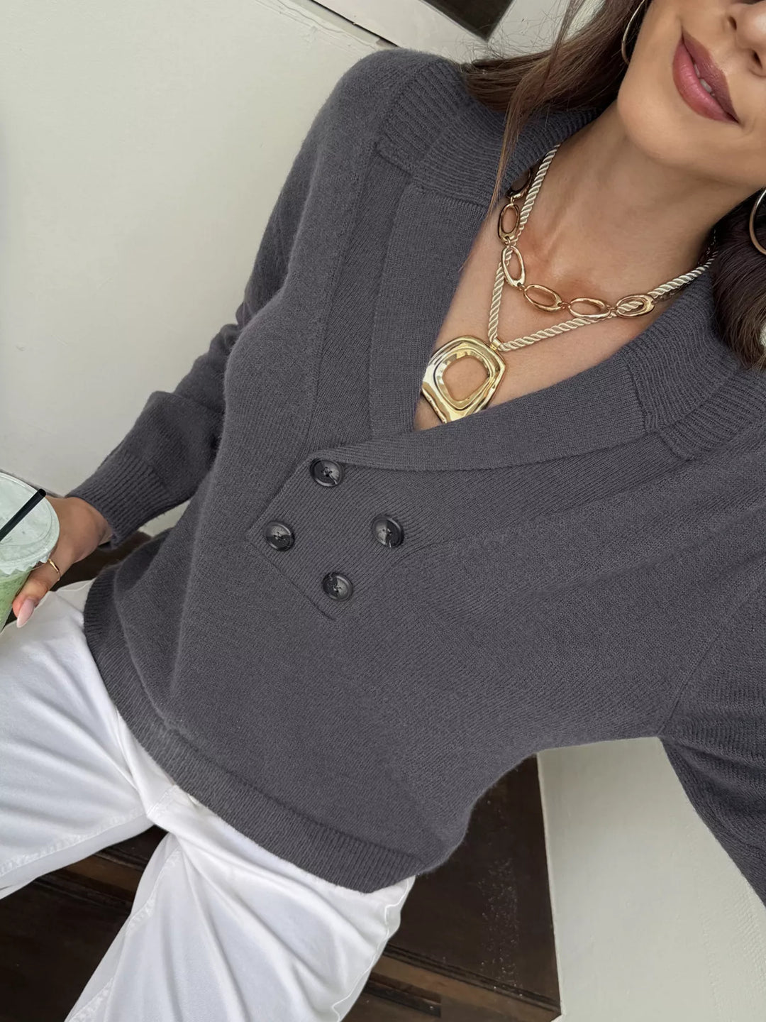Double-breasted shawl collar knit pullover sweater
