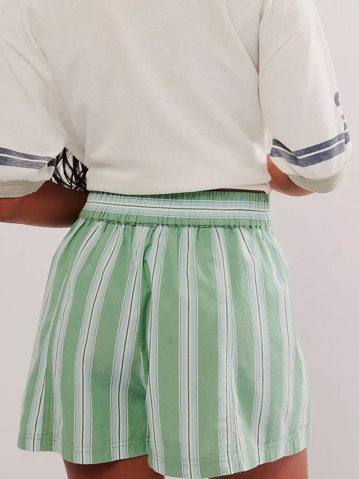 Striped elastic-waist pull-on shorts with side pockets