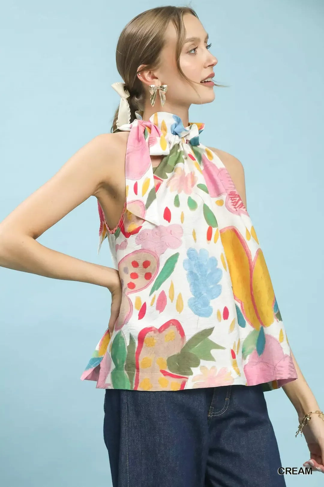 Painted floral halter tie-neck boho top with lace trim