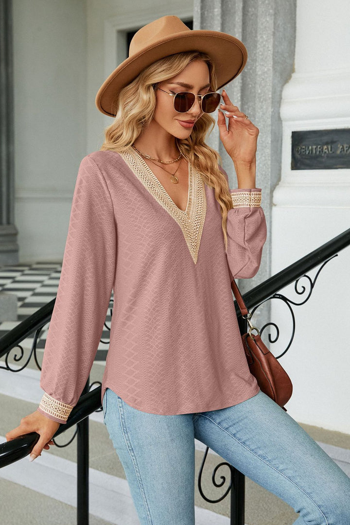 Textured crochet lace V-neck long sleeve blouse