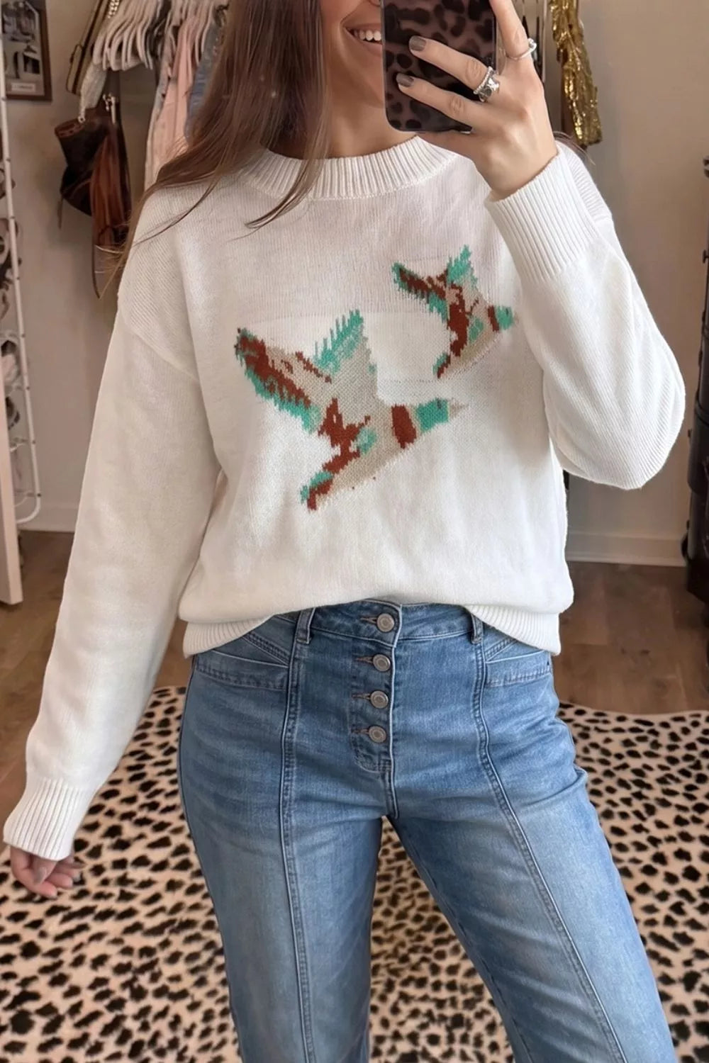 White Drop shoulder crew neck sweater with knit bird graphic