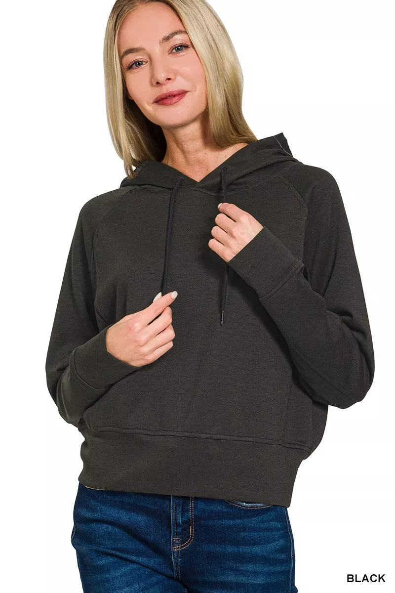 Scuba knit drawstring hoodie with ribbed cuffs and hem