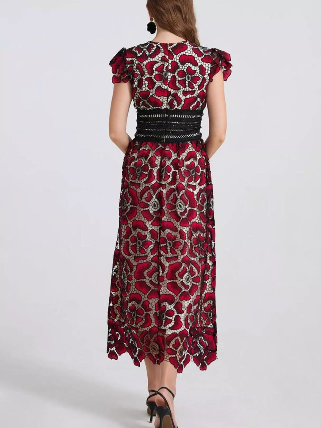 Embroidered floral lace V-neck midi dress with flutter sleeves