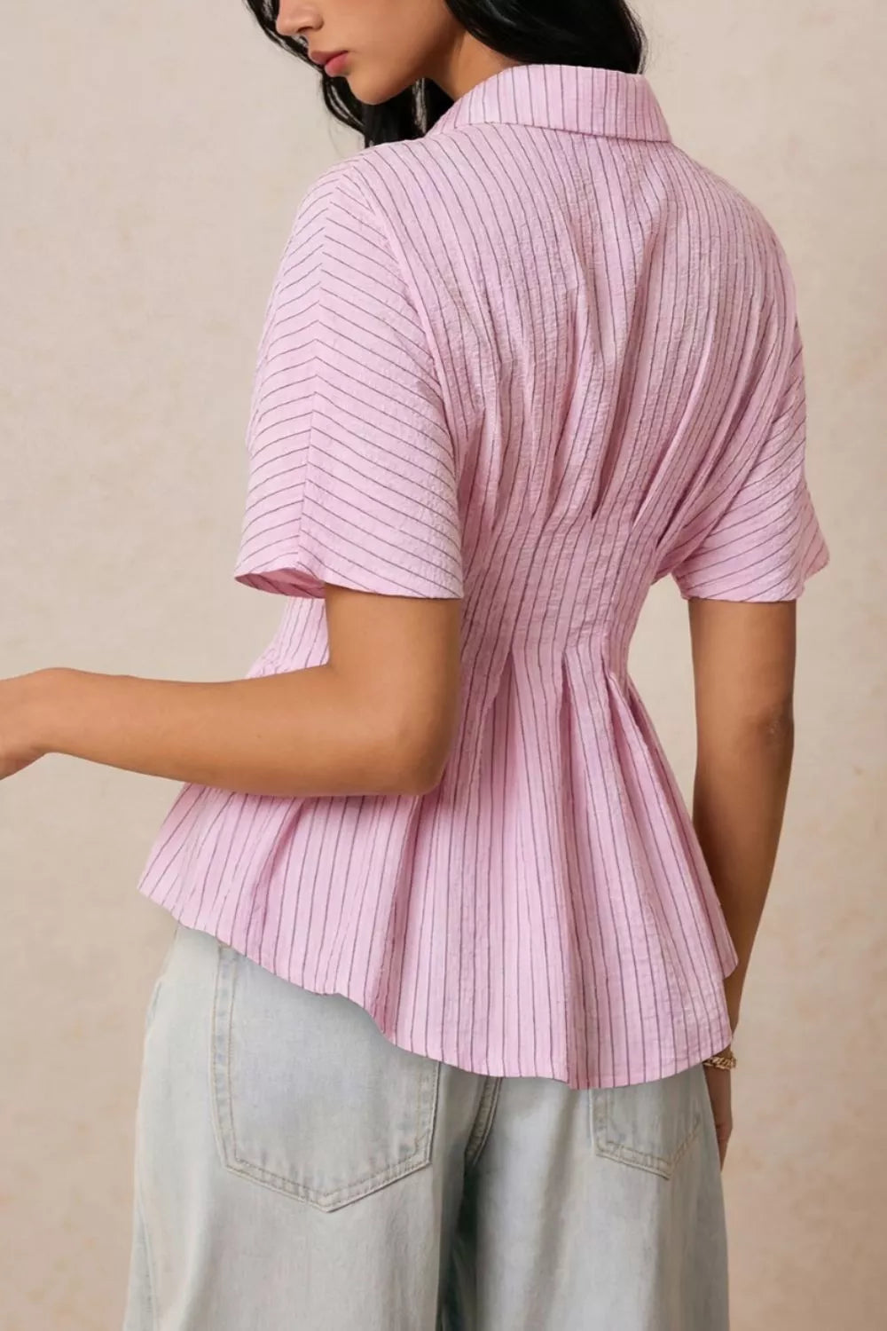 Striped pleated-waist short sleeve button-up shirt