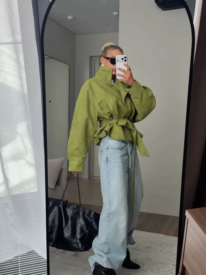 Tie waist cropped jacket with stand collar and snap front