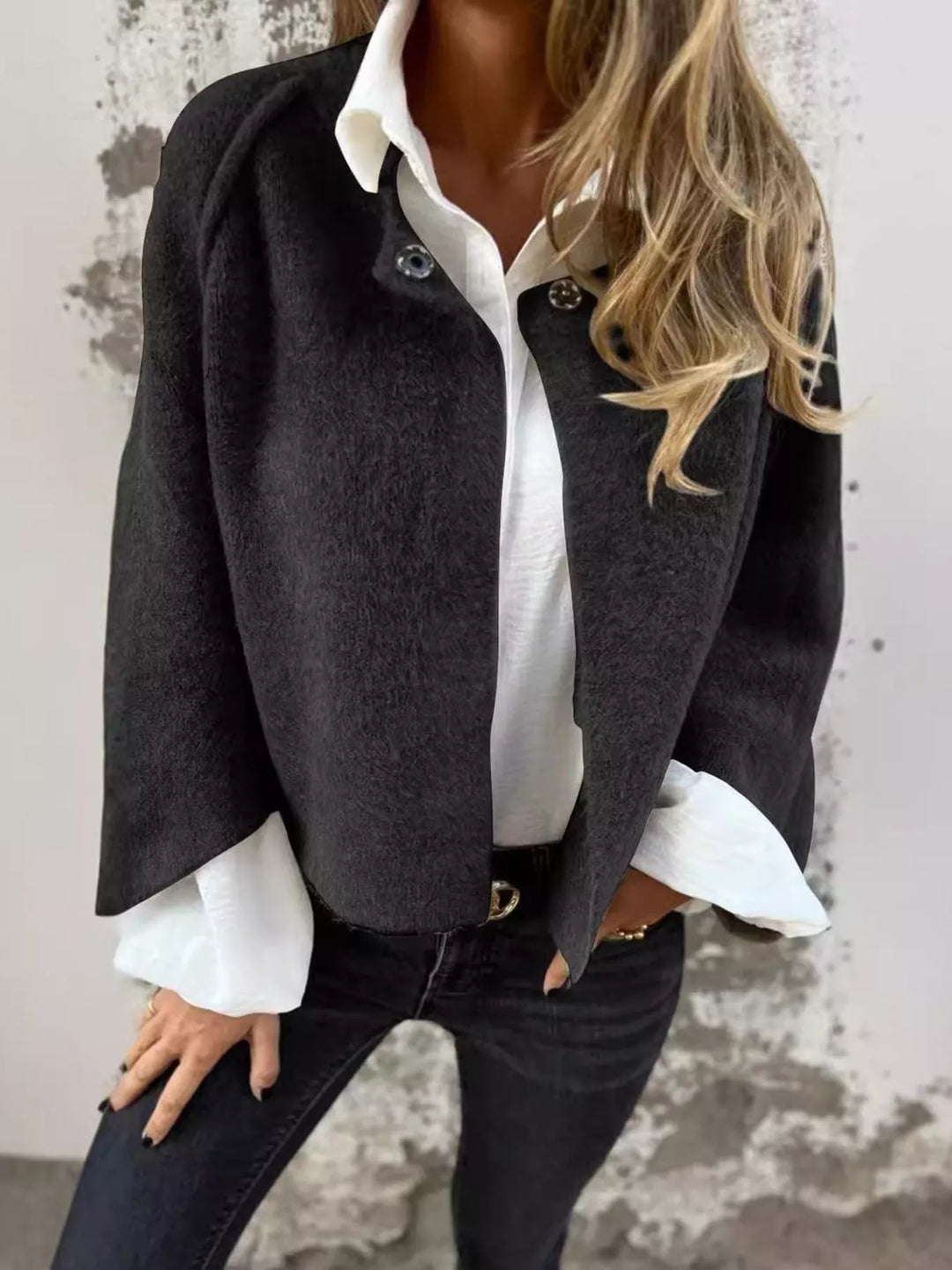 Dropped shoulder fuzzy knit button-front cardigan