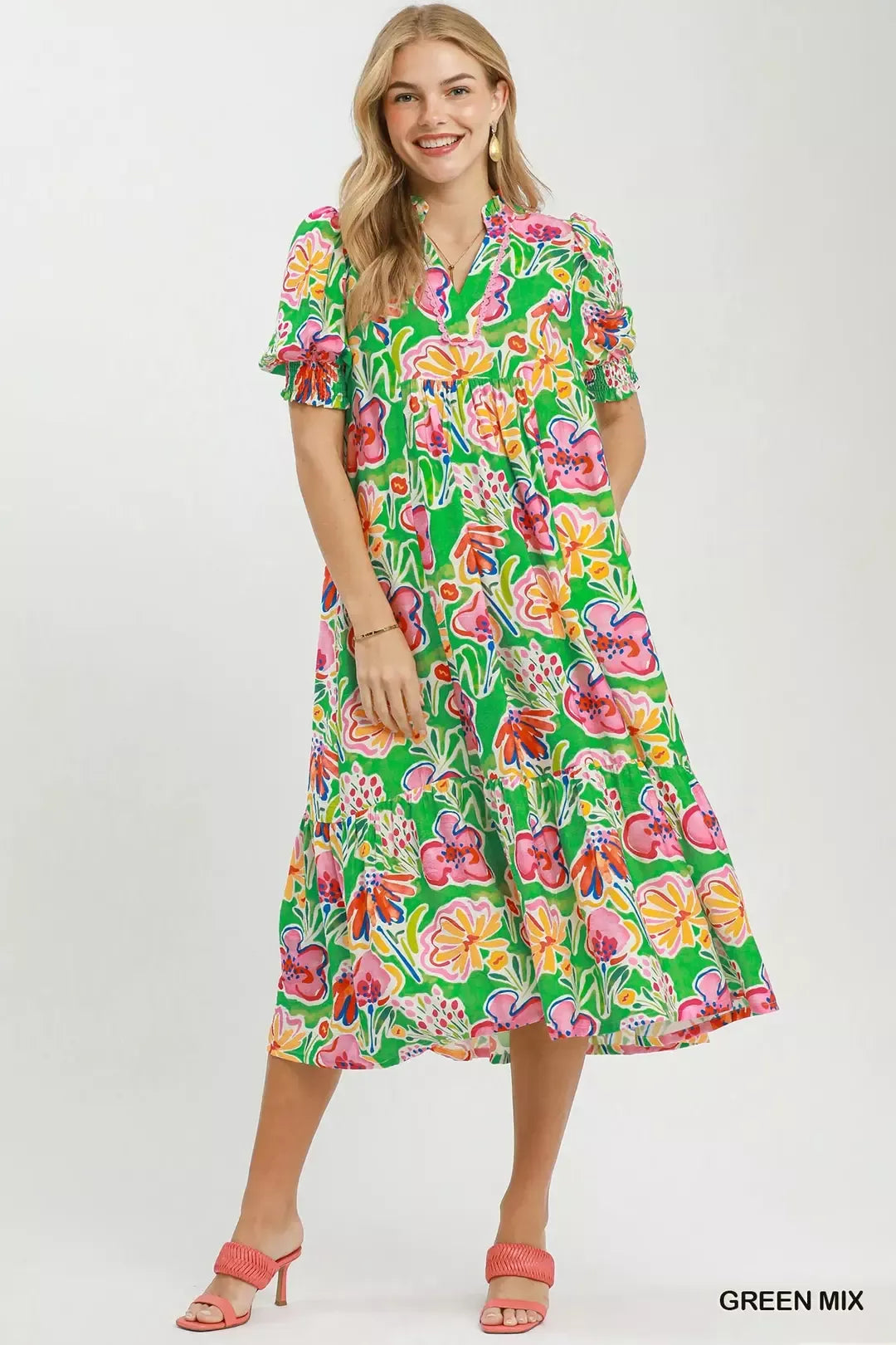 Floral print puff sleeve tiered midi dress with pockets