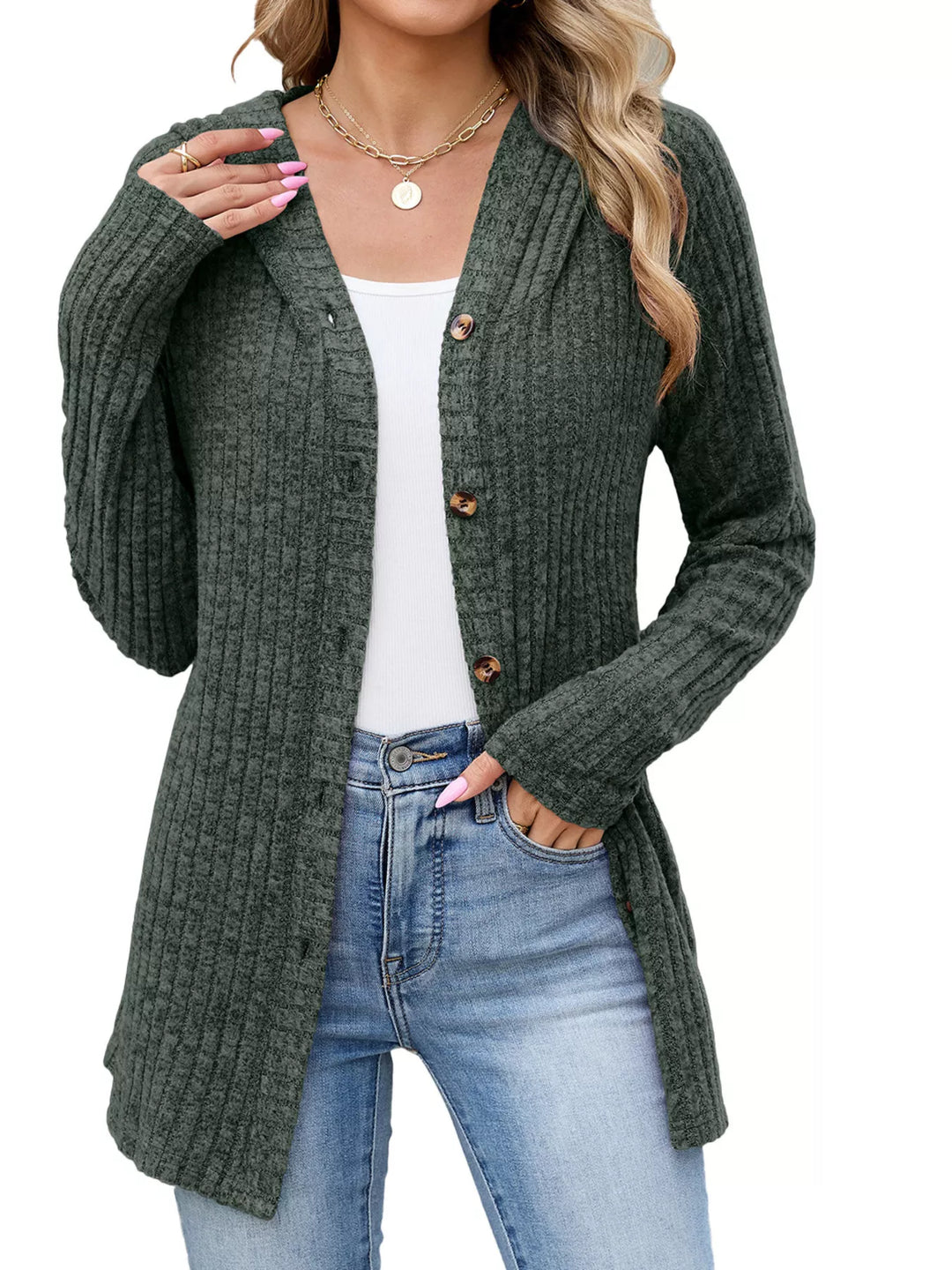 Army Green Ribbed knit hooded cardigan with tortoise buttons