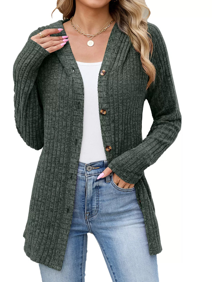 Army Green Ribbed knit hooded cardigan with tortoise buttons