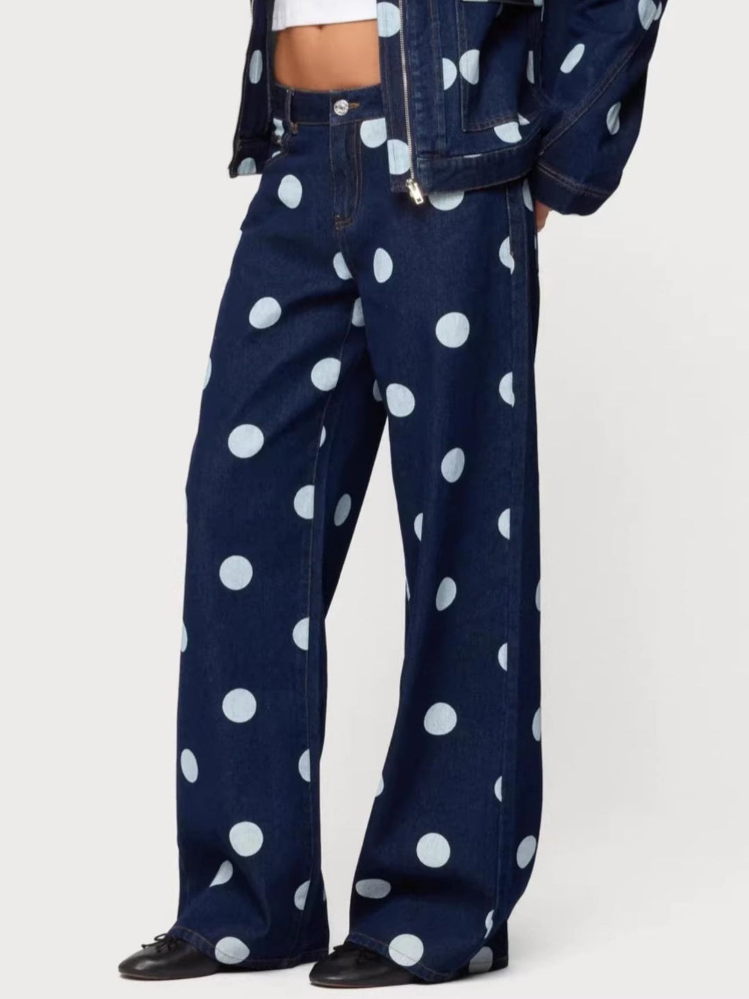 Polka dot wide leg jeans with button fly