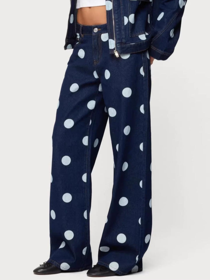 Polka dot wide leg jeans with button fly
