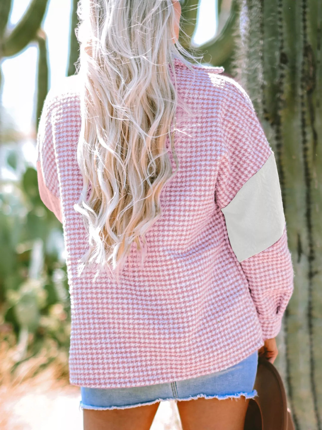 Houndstooth color block button-down shacket with chest pocket