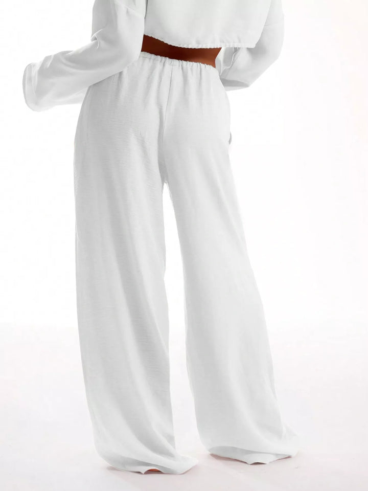 Linen-look drawstring wide-leg pants with side pockets