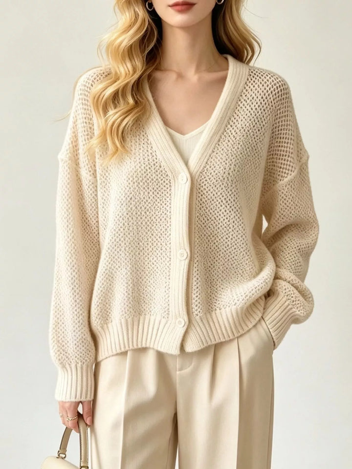 Beige Open-knit V-neck button-front cardigan with ribbed trim