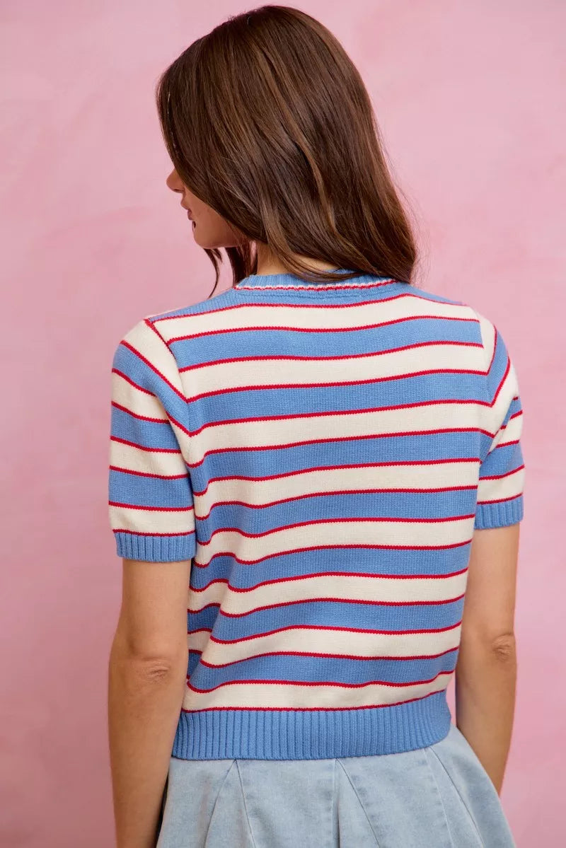 Striped ribbed knit short sleeve crew neck sweater top