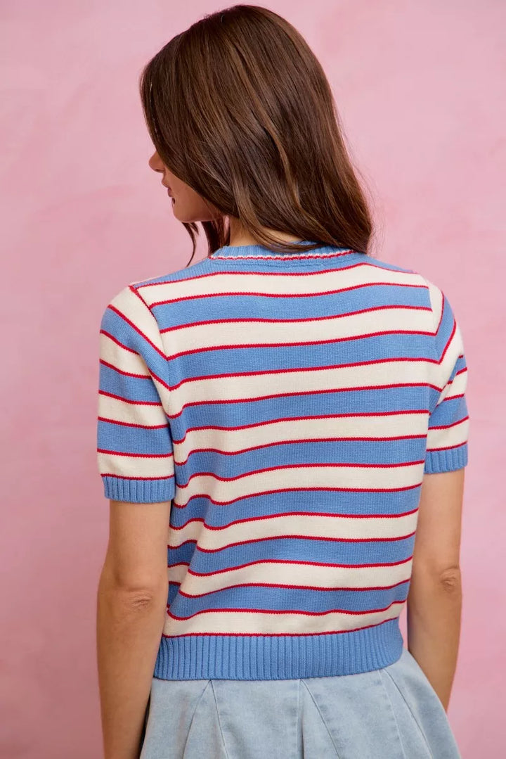 Striped ribbed knit short sleeve crew neck sweater top