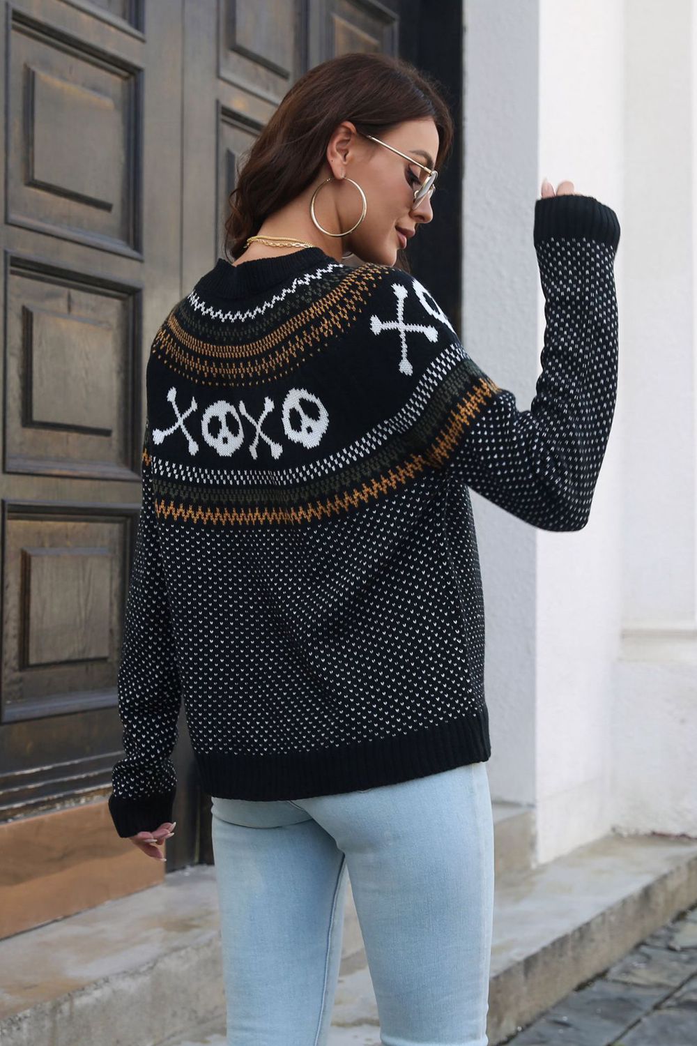 Ghost print Fair Isle knit crew neck pullover sweater