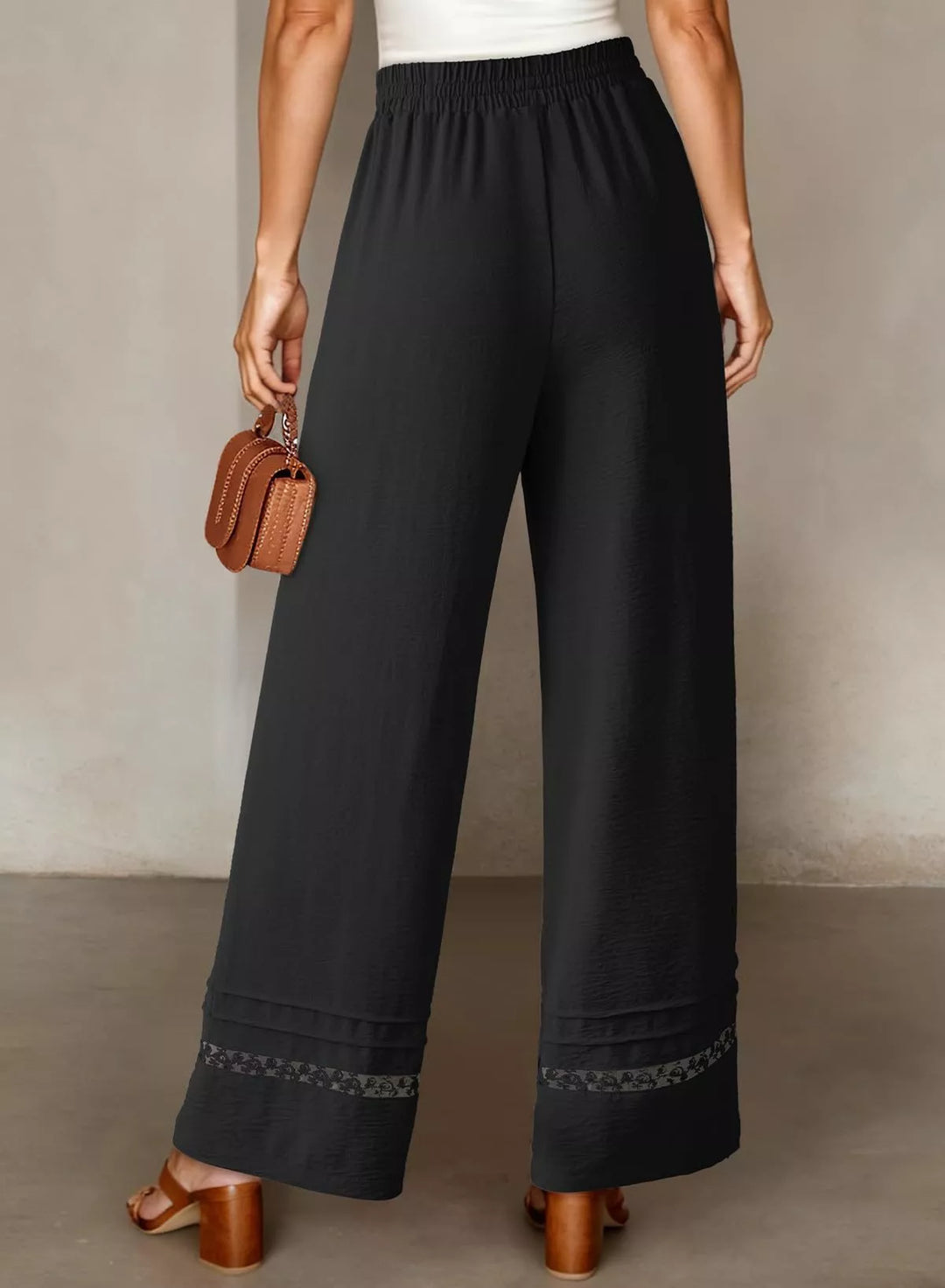 Wide leg drawstring pants with embroidered lace hem