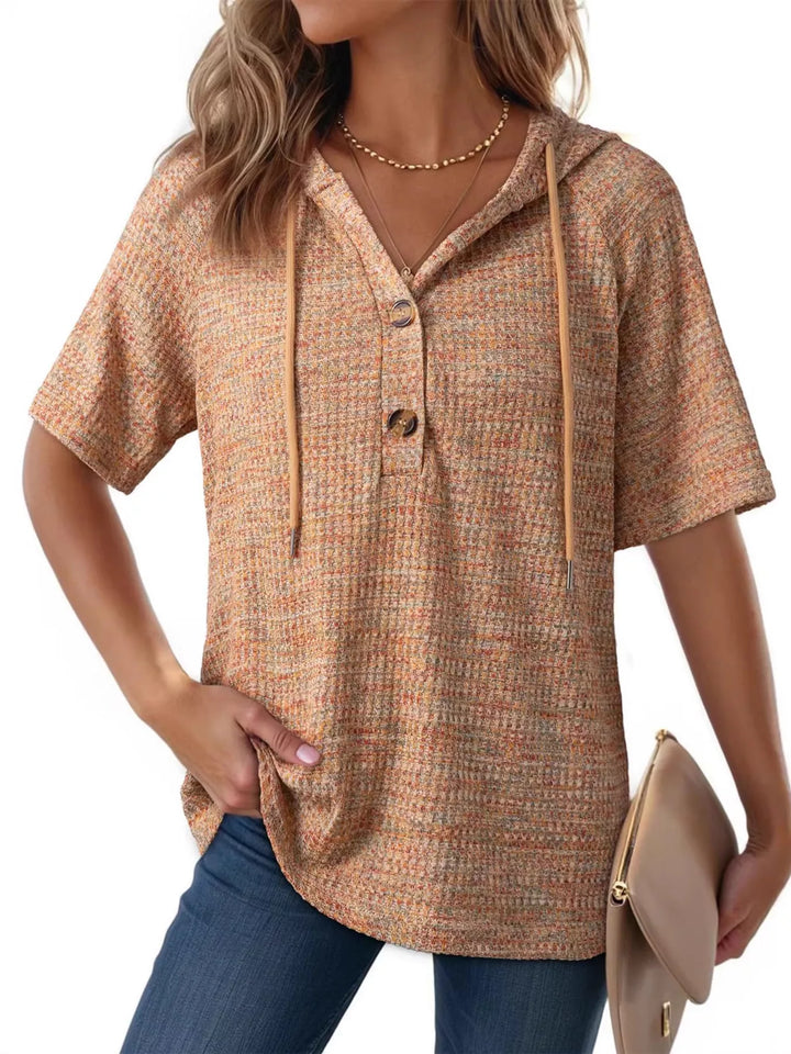 Brown Waffle knit hoodie top with button placket and drawstring
