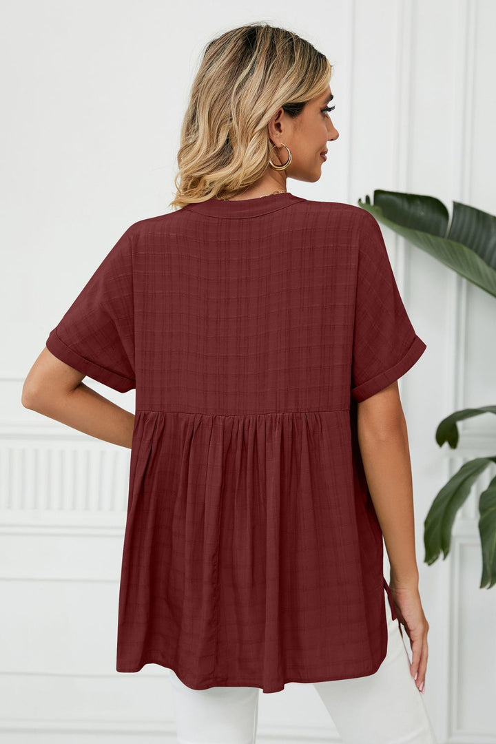 Notched neck cuffed short sleeve blouse with side slits