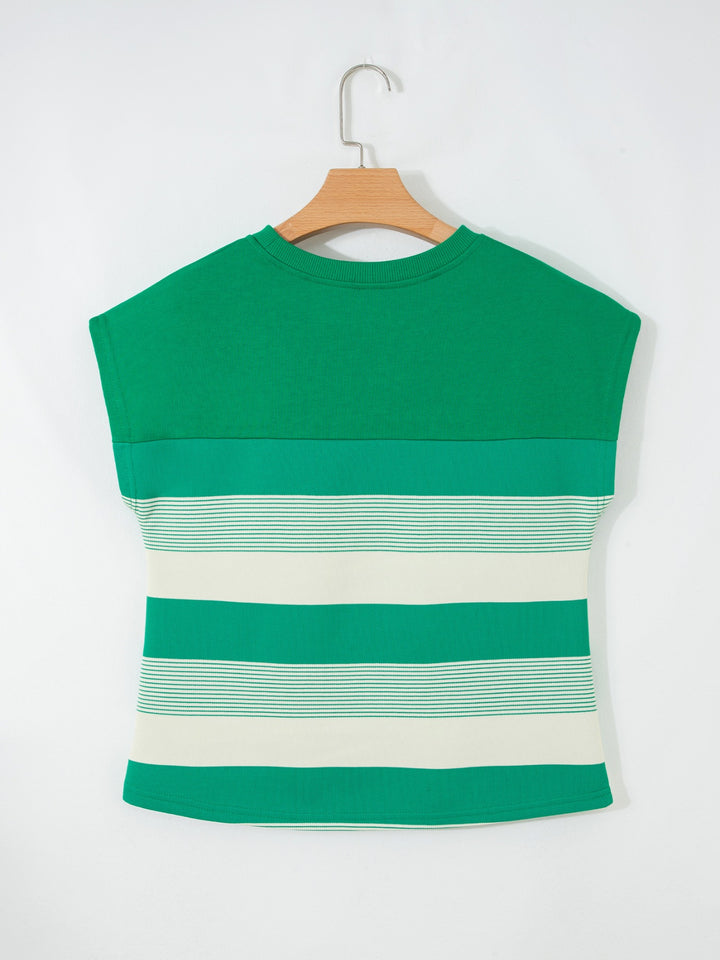 Mixed-width stripe crew neck cap sleeve top