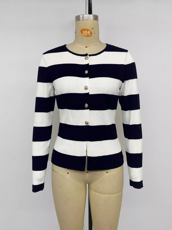 Wide stripe knit cardigan with gold crest buttons