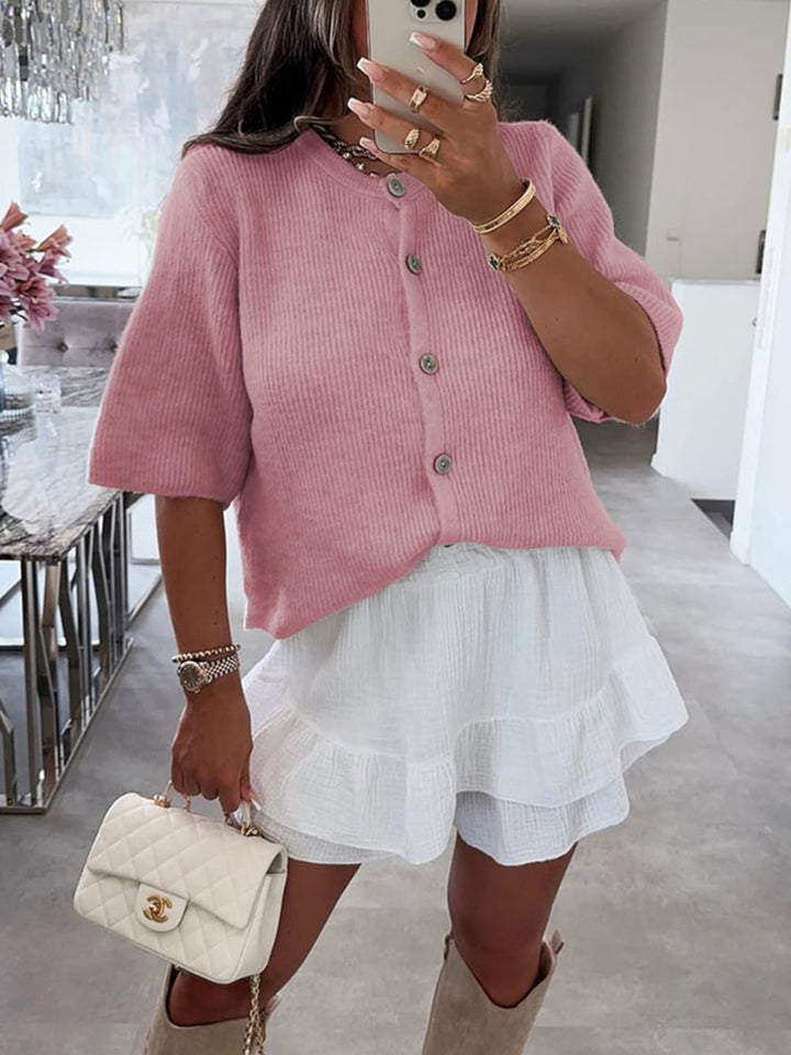 Ribbed knit short-sleeve button-down cardigan