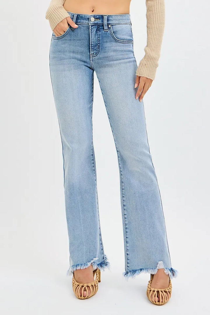 MEDIUM Mid-rise flare jeans with frayed raw hem and tummy control