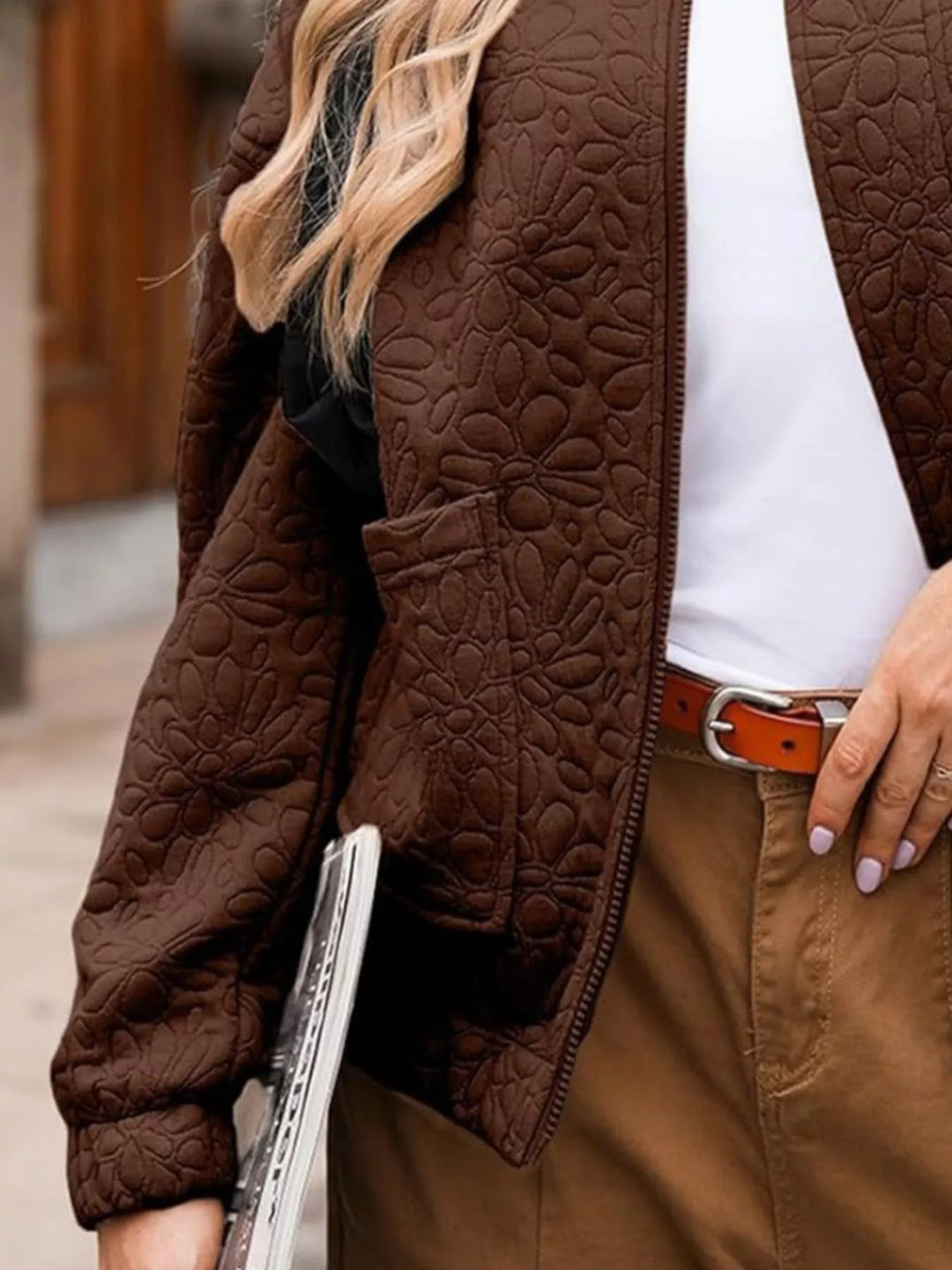 Floral quilted zip-up bomber jacket with pockets