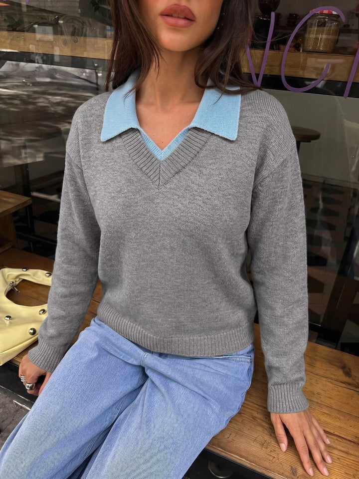 Contrast collar dropped shoulder V-neck sweater