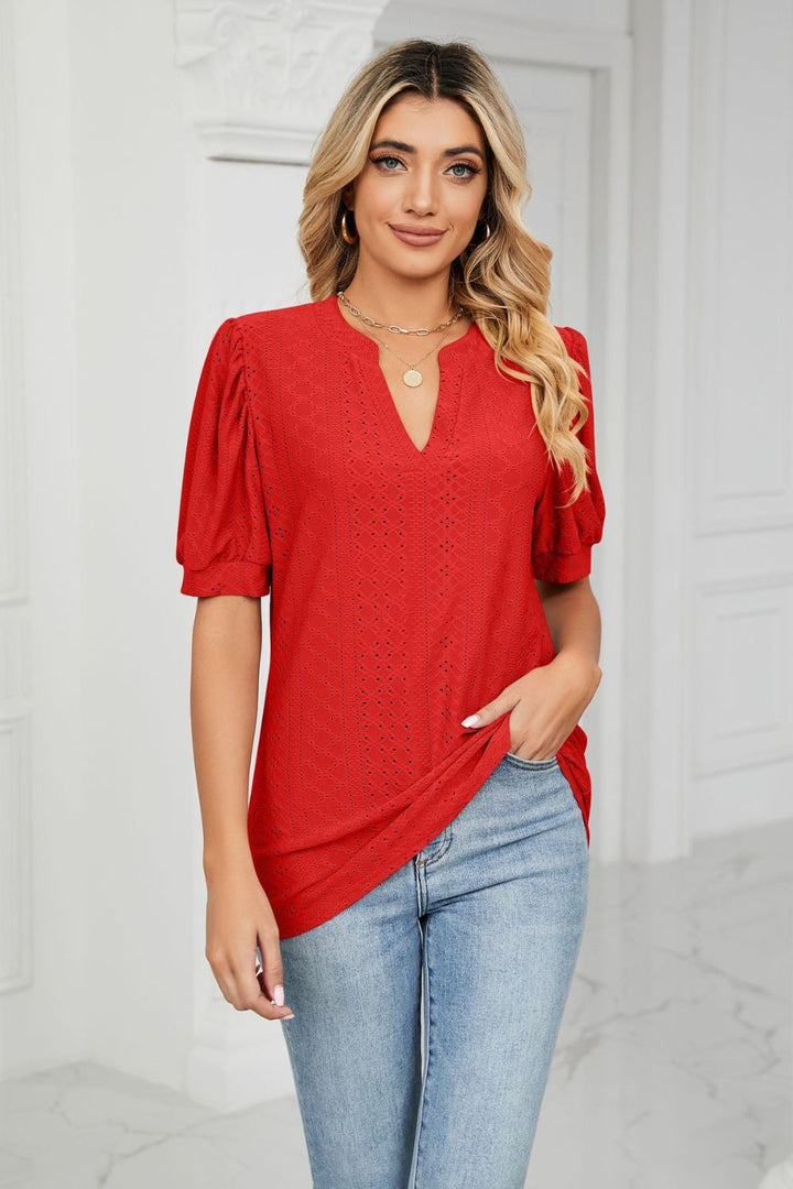 Scarlett Eyelet puff sleeve top with notched V-neck