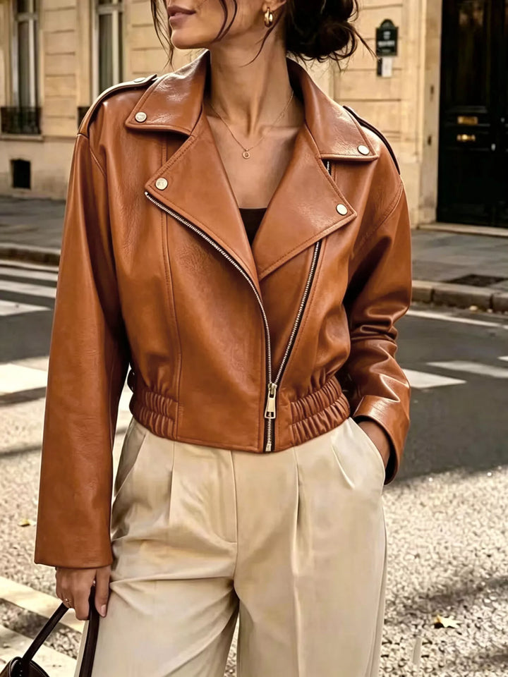 Brown Cropped faux leather moto jacket with asymmetric zip