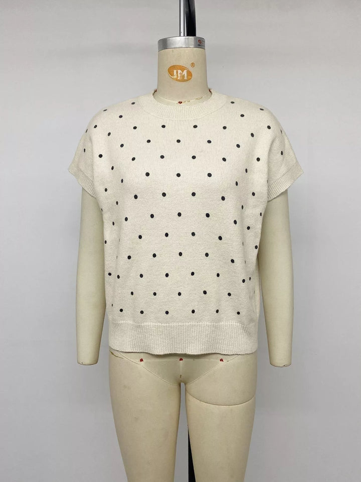 Polka dot short sleeve knit sweater with ribbed trim