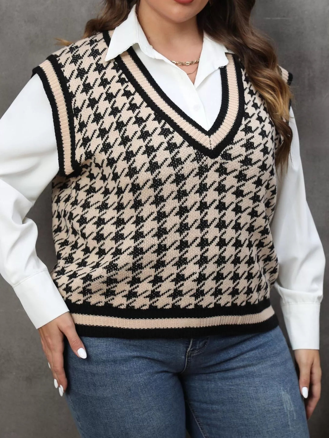 Houndstooth V-neck knit sweater vest with striped rib trim