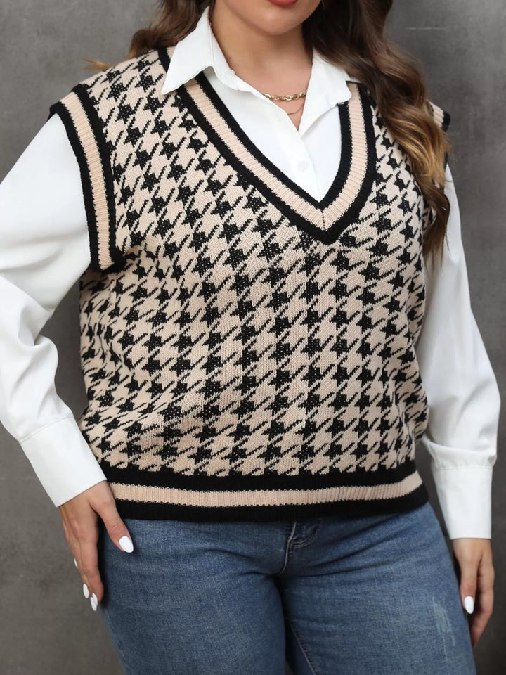 Houndstooth V-neck knit sweater vest with striped rib trim