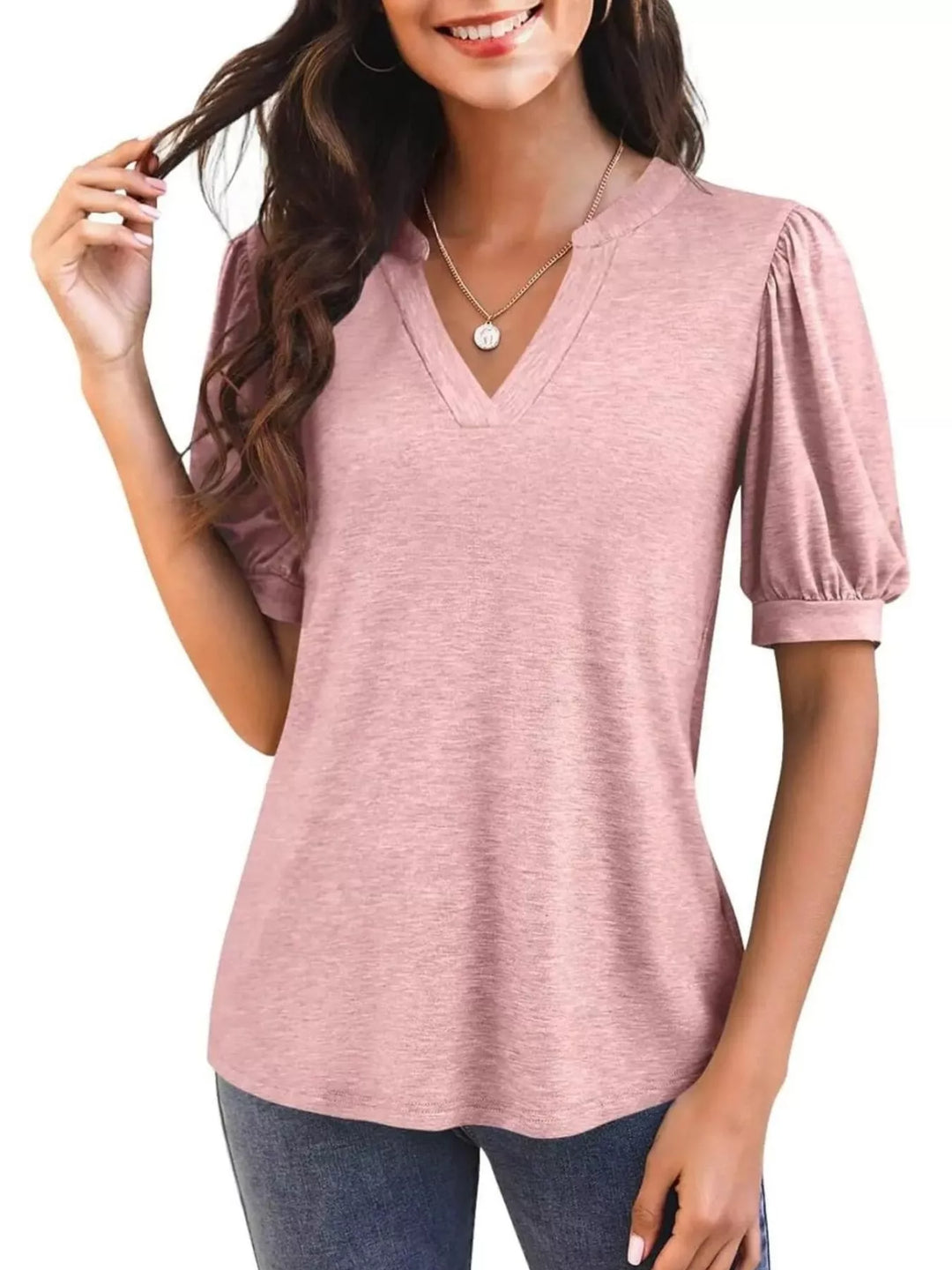 Light Pink Short puff sleeve notched V-neck casual tee