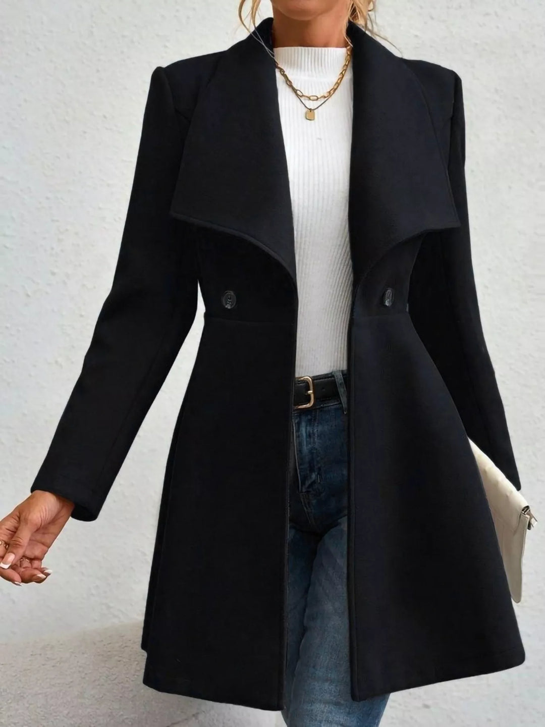 Wide lapel fit-and-flare coat with peplum hem