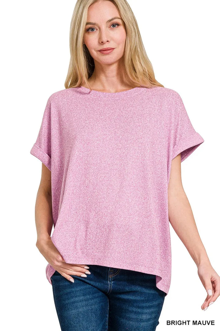BRIGHT MAUVE Melange hacci knit top with cuffed short sleeves