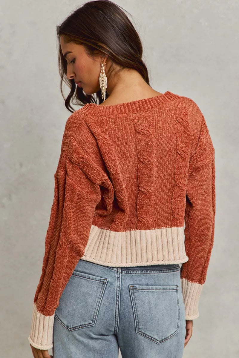 Chenille cable knit v-neck cropped sweater with contrast trim