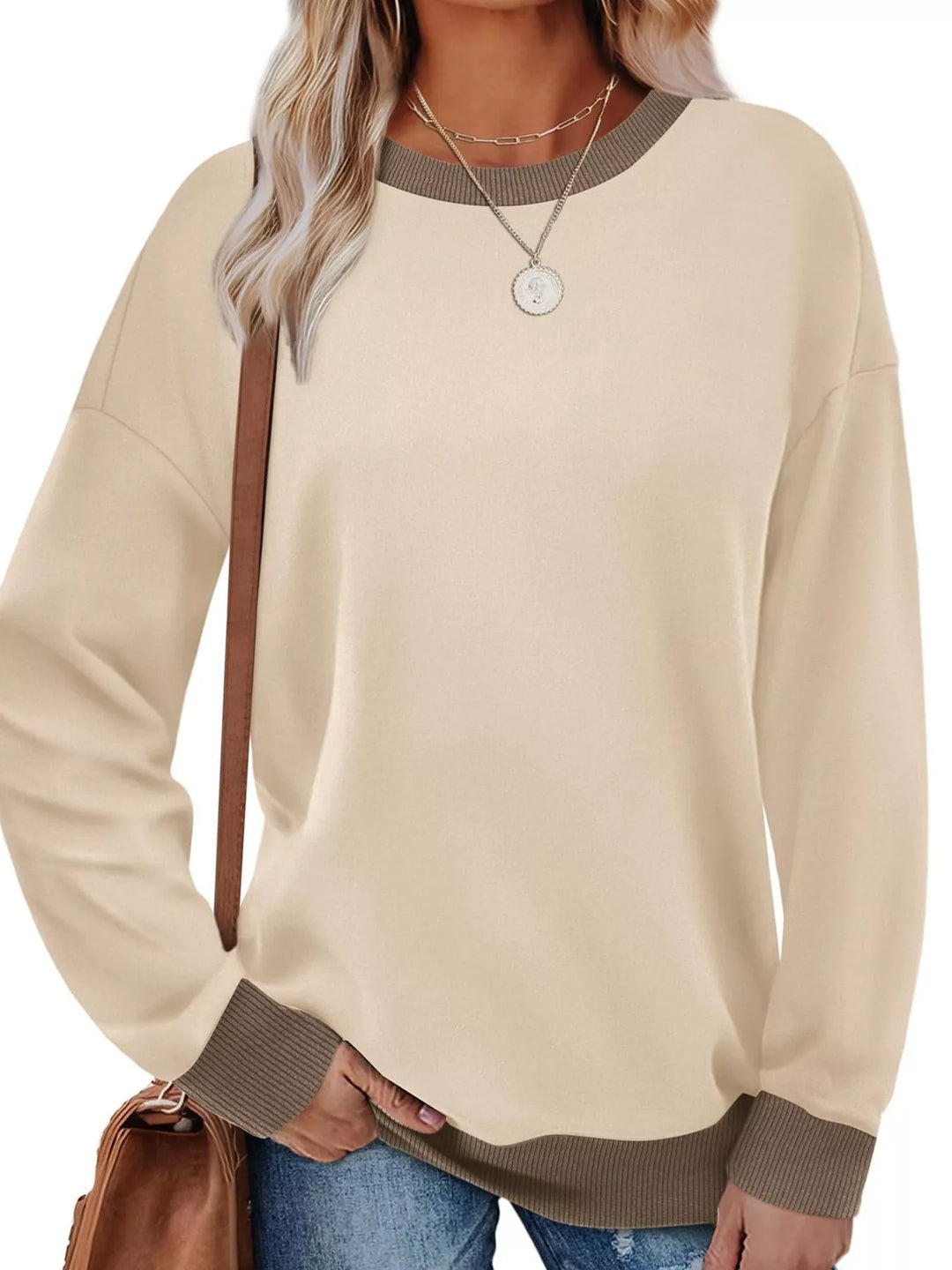 Apricot Drop-shoulder crew neck sweatshirt with contrast ribbed trim