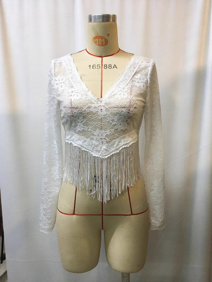 Long sleeve sheer lace crop top with fringe hem