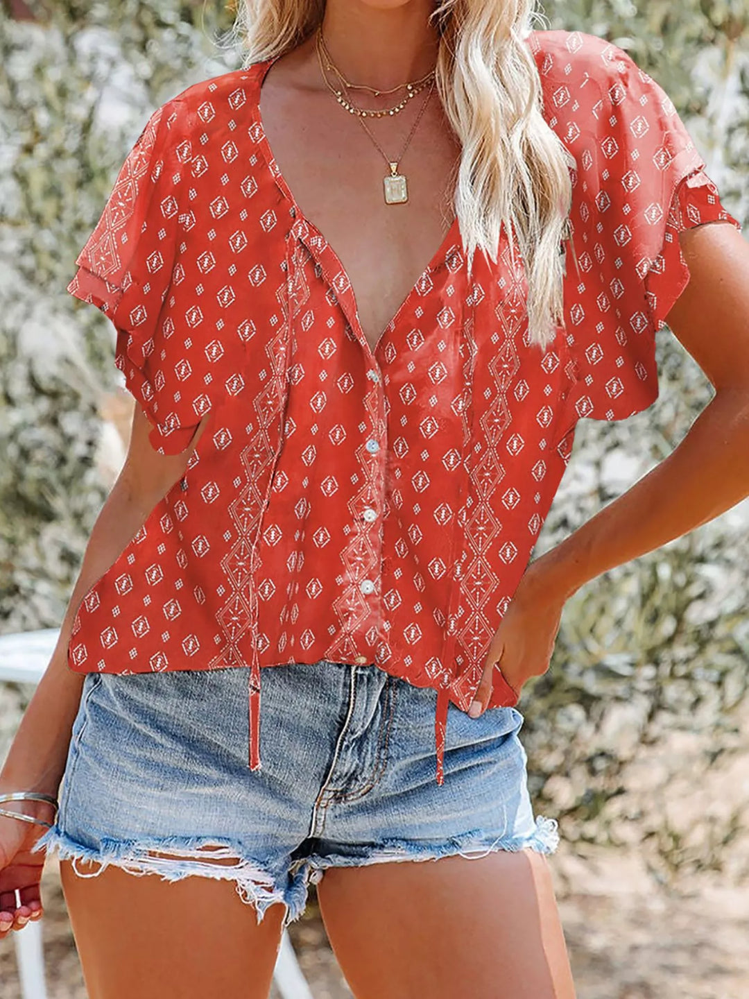 Red Floral print V-neck button-down blouse with tie waist
